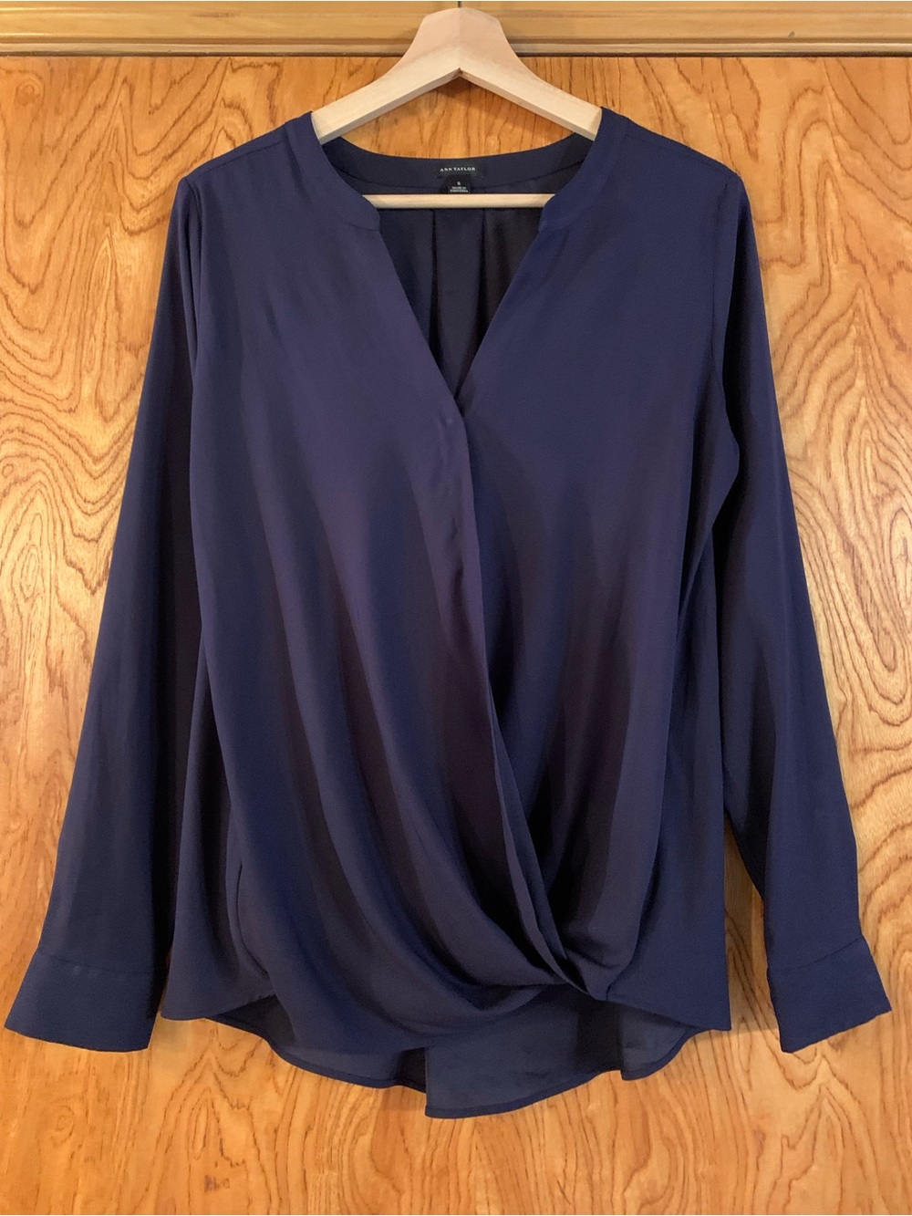 Deep Navy Draped Wrap-Front Blouse